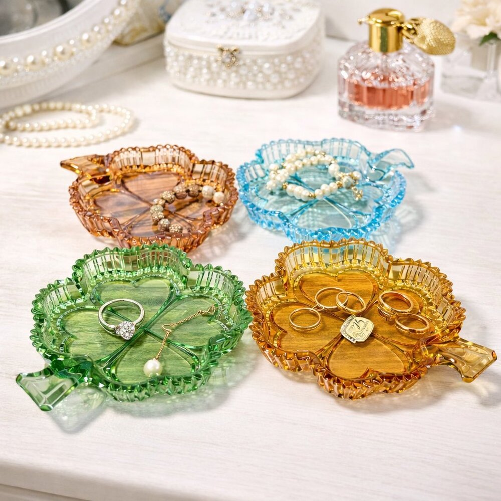 Vintage Bohemia Glass Clover Trinket or Candy Dishes Czechoslovakia Shamrock